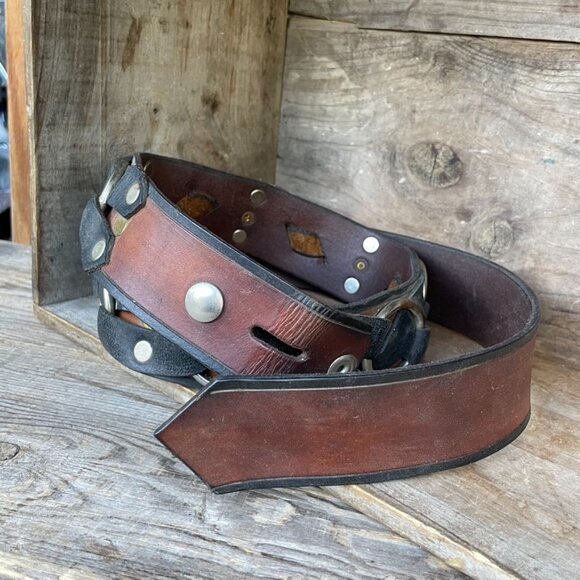 Vintage Biker Motorcycle Belt Leather Strap Black /  Brown with Rings & Rivets - Picture 14 of 14